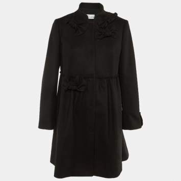 Red Valentino Black Wool Ruffle Bottom Double Breasted Coat S RED