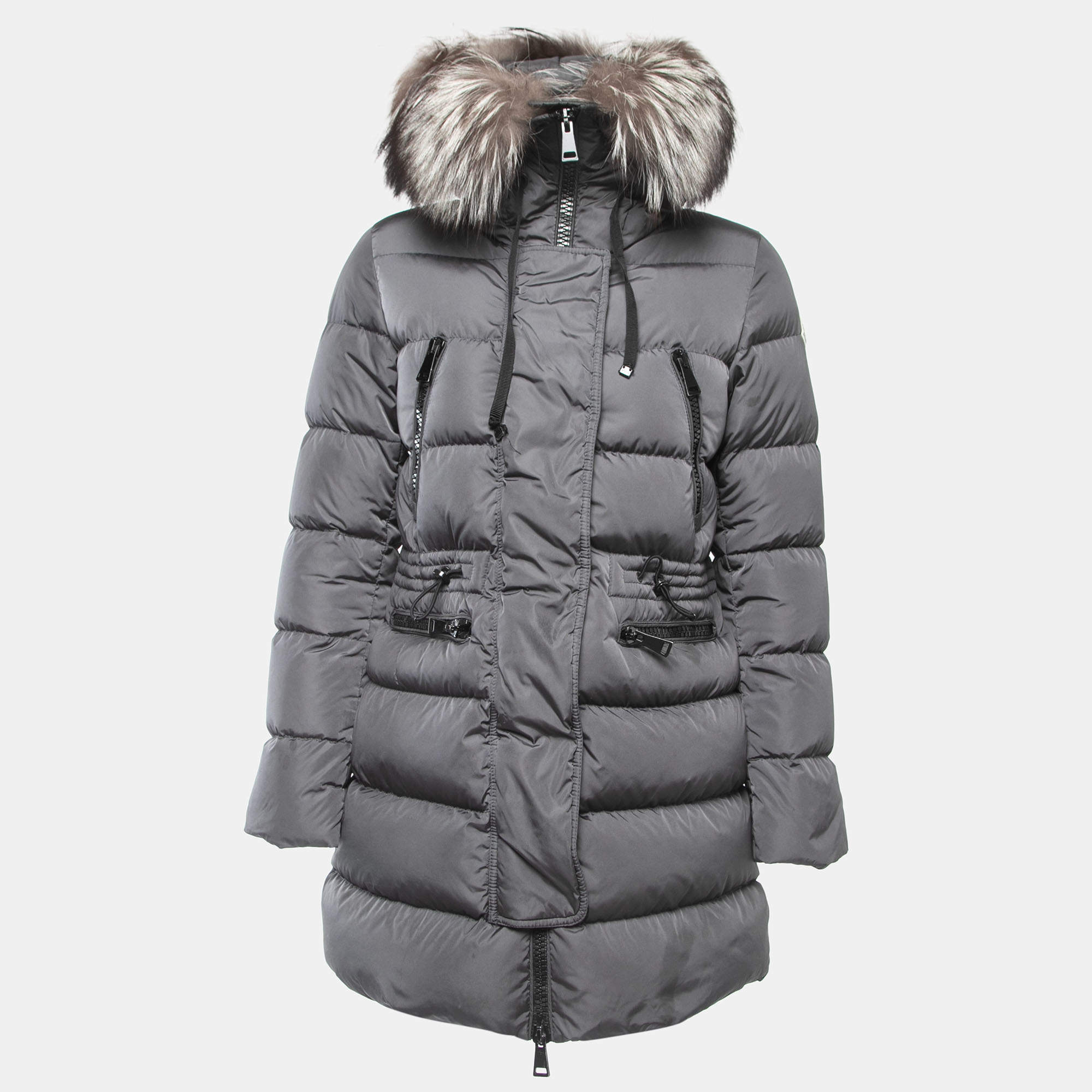 Moncler Grey Quilted Nylon Zip Front Fur Trim Hooded Down Jacket