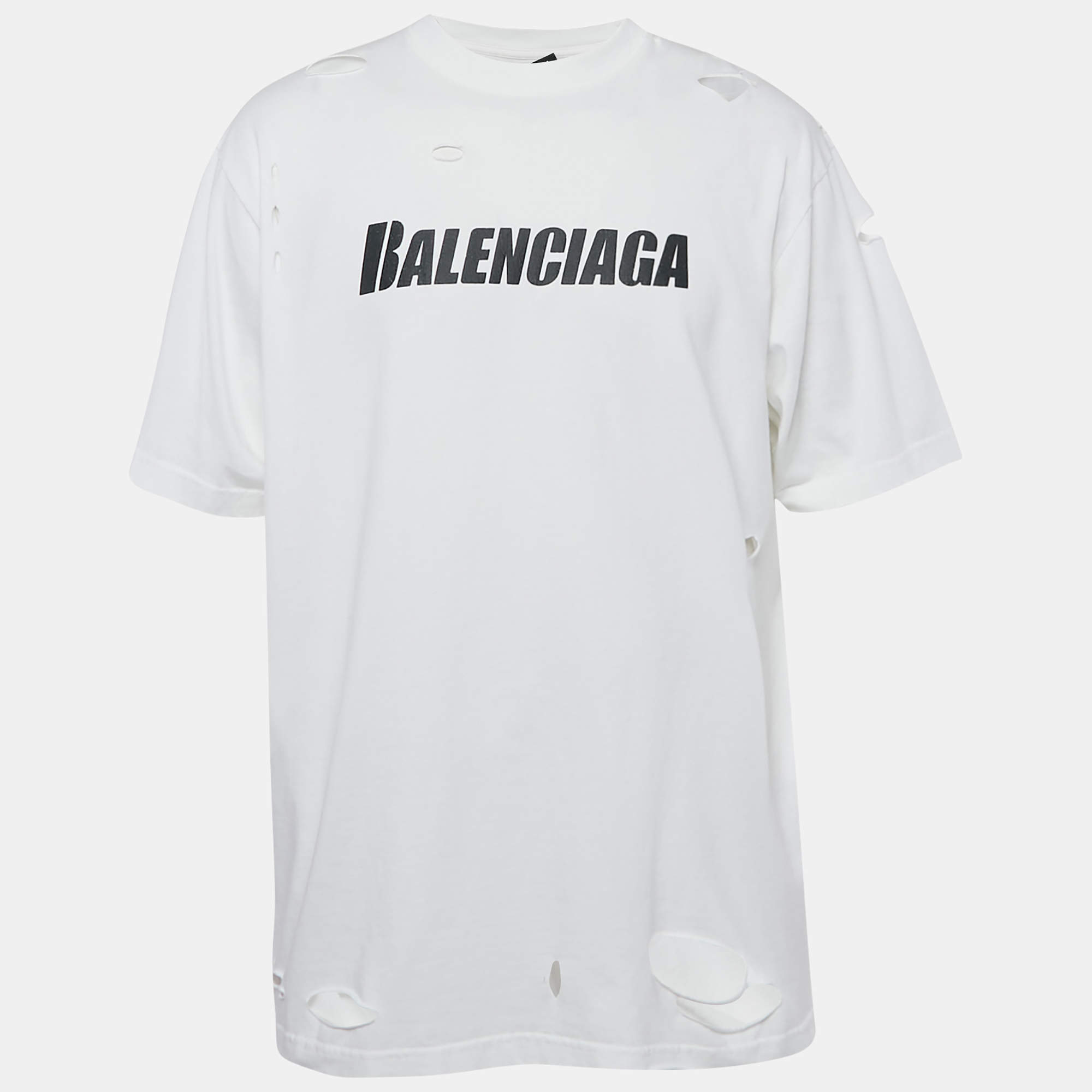 Balenciaga Unifit White Logo Print Distressed Jersey Boxy T-Shirt