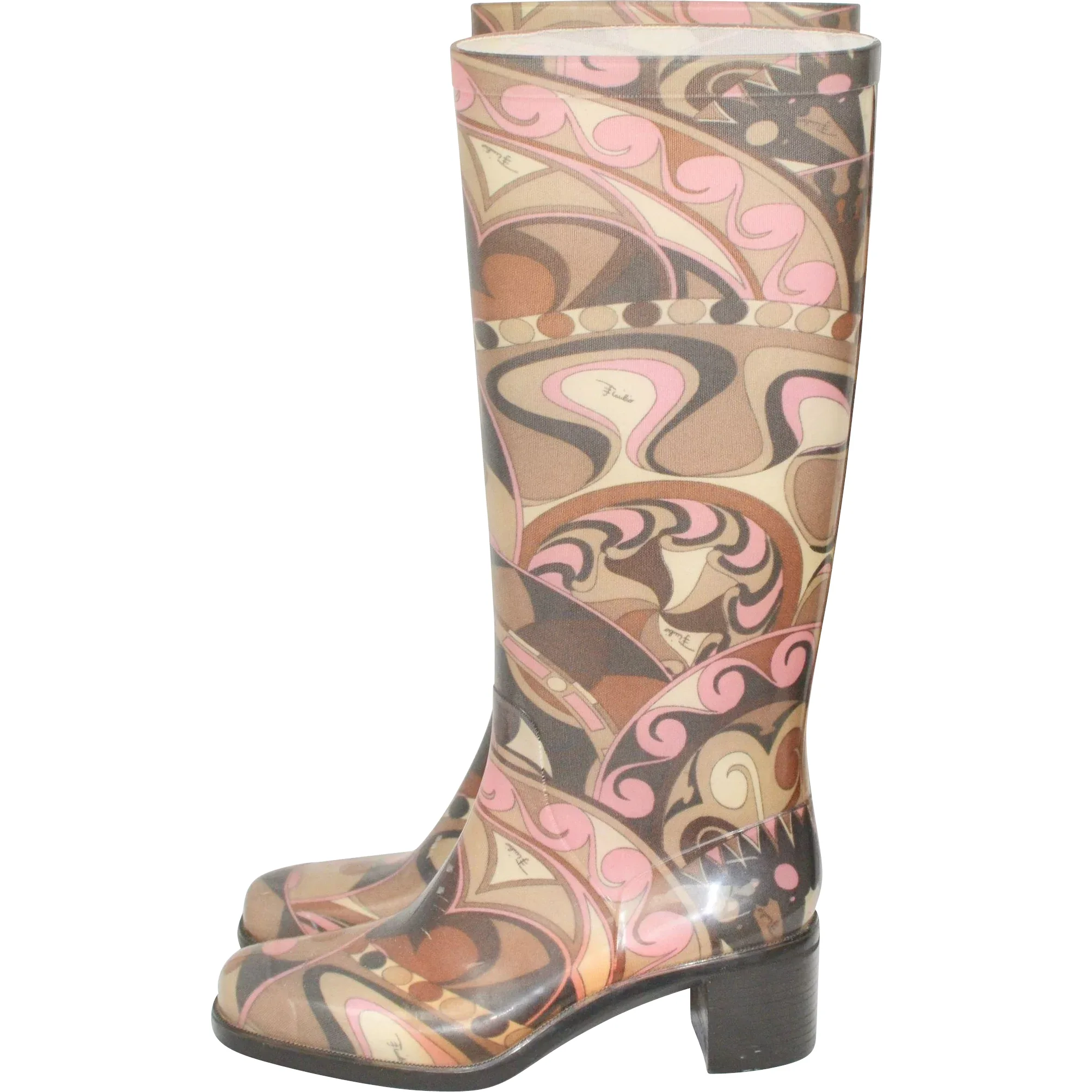 Emilio Pucci Psychedelic Pink & Brown Signature Rubber Rain Boots