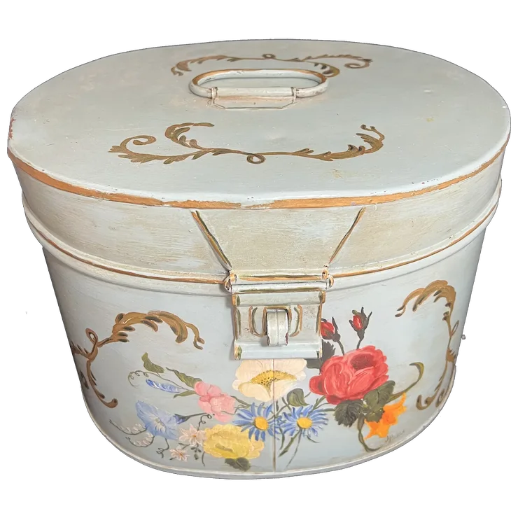 Antique Tin Tole Painted Tin Hinged Box W/ Handle Folk Art. For