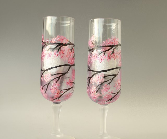 ブルガリア サクラ グラス シャンパン ワイン 手描き 2点セット NeA