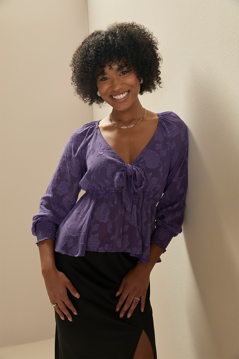 Tracy Tie Front Jacquard Long Sleeve Blouse | francesca's®