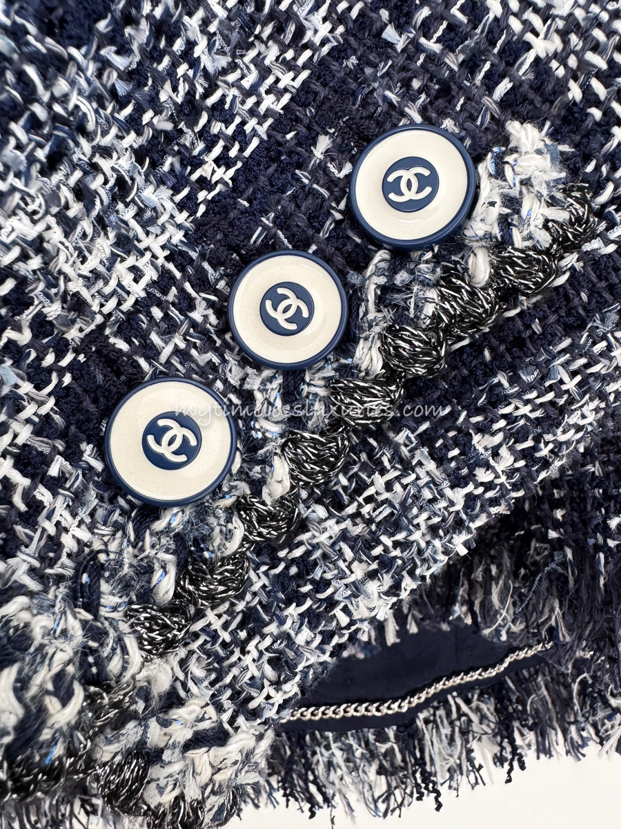 CHANEL 18P Fantasy Tweed Fringed Jacket 40 Blue - Timeless Luxuries