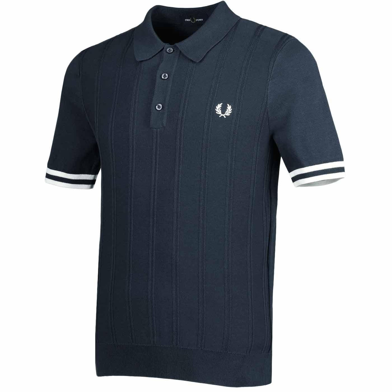 Fred Perry Textured Tipped Rib Knit Mod Polo Shirt in Navy