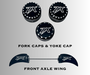 CHROME “ZX” ENGRAVED FORK CAPS, YOKE CAP, & FRONT AXLE WING 06-24