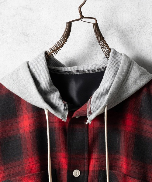 NUMBER (N)INE Tops OMBRE CHECK FLANNEL HOODIE SHIRT / Ombre check