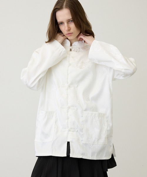 セール】一枚で主役な上級見え。サテンタッチ チャイナデザインシャツ