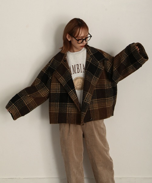 Chillfar（チルファー）の「チェック柄ショート丈スタンドカラーコート