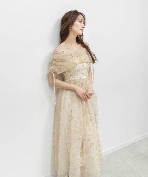 Flower Collection】フラワー刺繍オフショルキャミワンピース