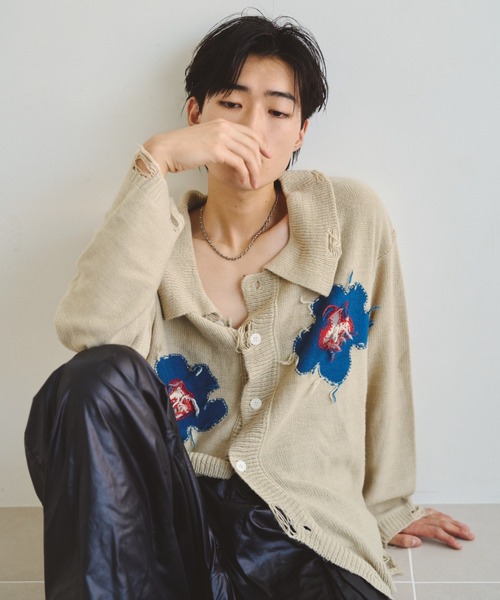 damage flower motif knit shirt cardigan / ダメージ加工フラワー