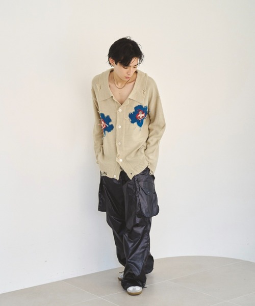 damage flower motif knit shirt cardigan / ダメージ加工フラワー