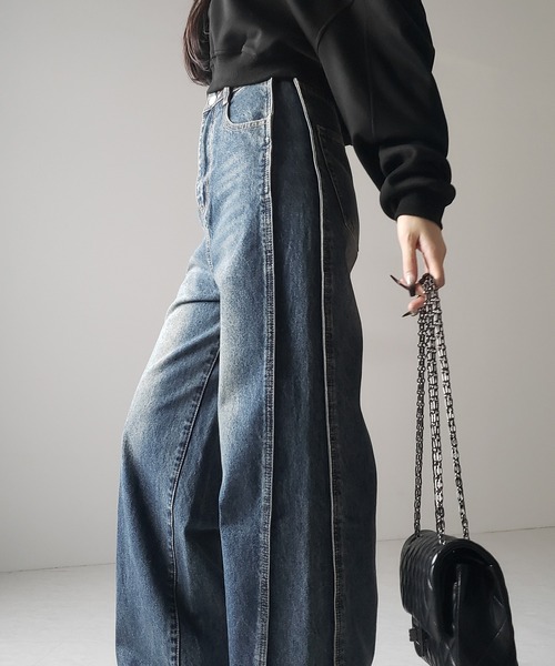 3color ／ 4size 】サイドタック切替ハイウエストストレートデニム