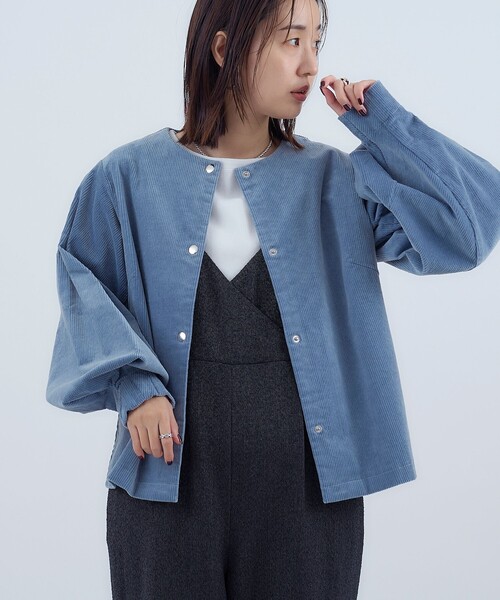 セール】コーデュロイノーカラーショートジャケット（ノーカラー