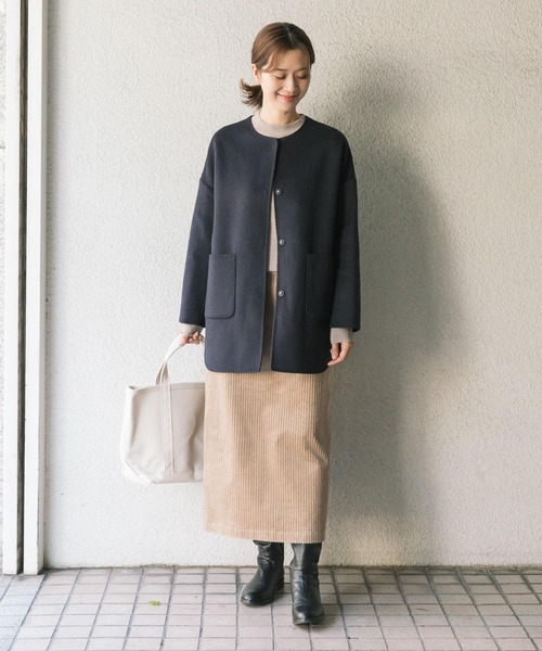 セール】ウールノーカラーミドルコート（ノーカラージャケット