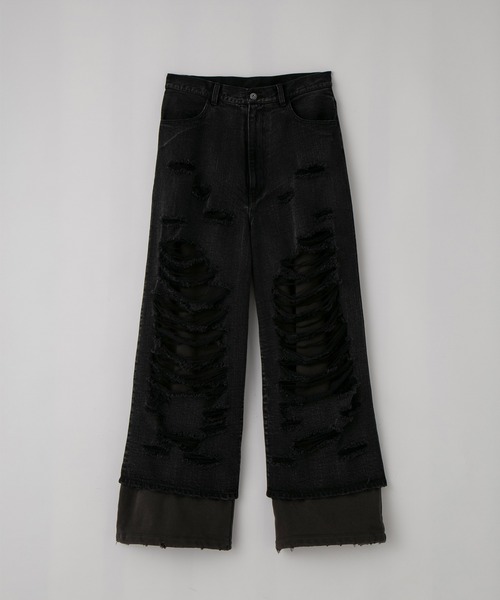 GRANCY】Sweat Docking Design Damage Buggy Denim Pants / スウェット