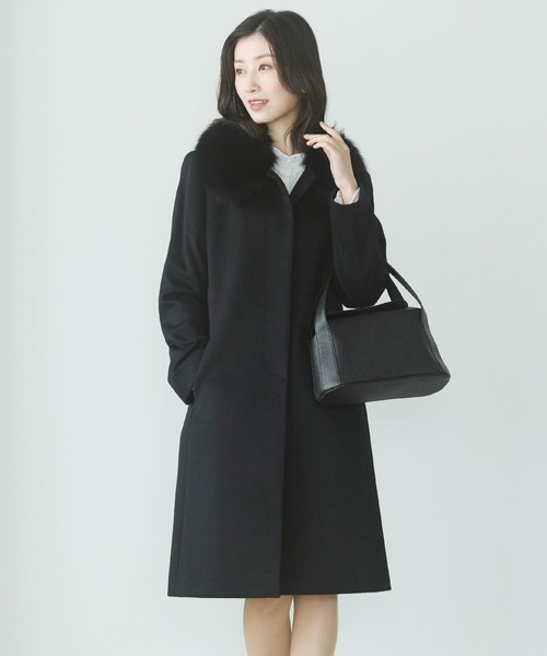 カシミヤ100%ステンカラーロングコートフォックス衿付き（ステンカラー