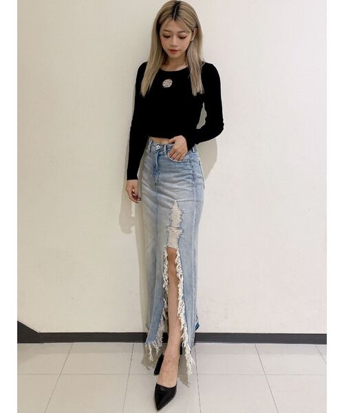 GYDA（ジェイダ）の「ダメージスリット ロングスカートライク デニム