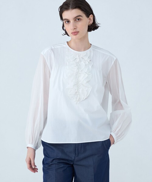 セール】ホワイトコンビネーション ラッフルブラウス（シャツ/ブラウス