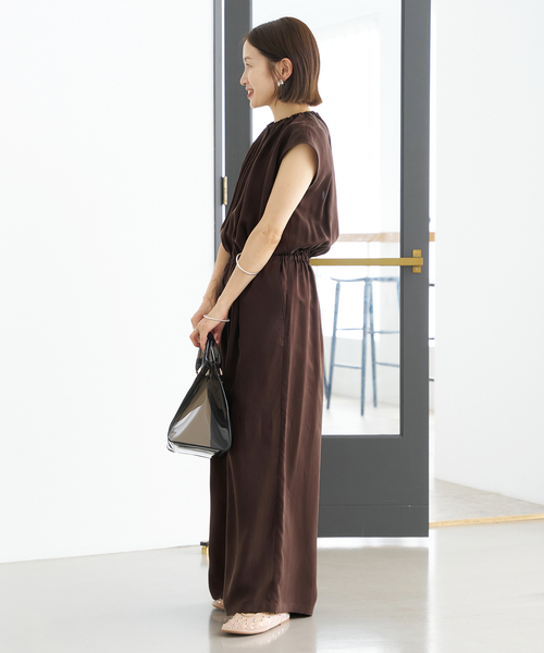 キュプラ ギャザーネックオールインワン（つなぎ/オールインワン