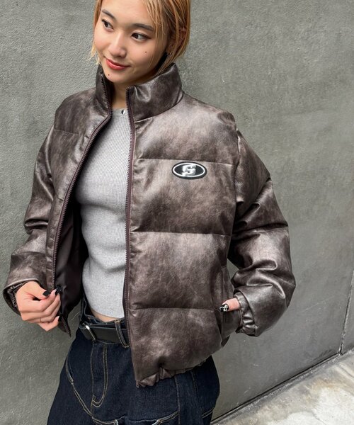 セール】【UNISEXS】Sロゴヴィンテージライクレザーブルゾン（ダウン