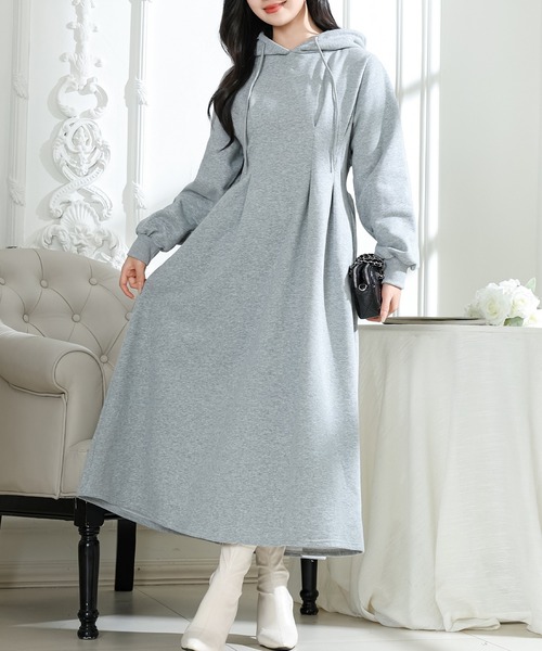 セール】フード付き タック スウェット 長袖 ロング ワンピース