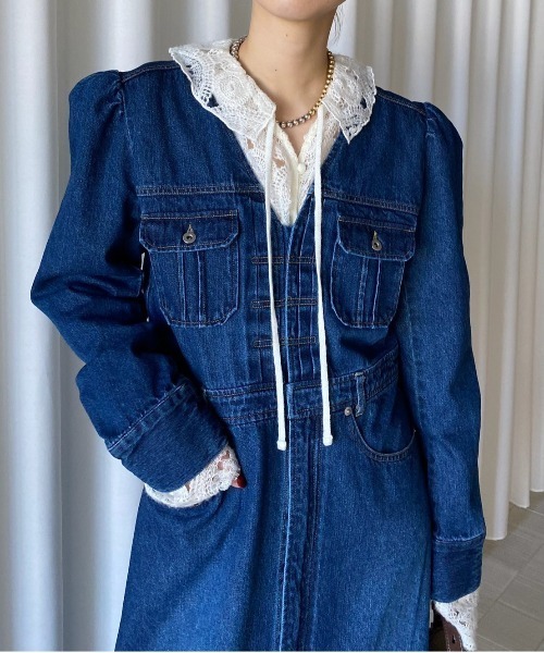 Ameri（アメリ）の「ADORABLE BACK RIBBON DENIM DRESS（ワンピース