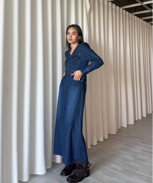 Ameri（アメリ）の「ADORABLE BACK RIBBON DENIM DRESS（ワンピース