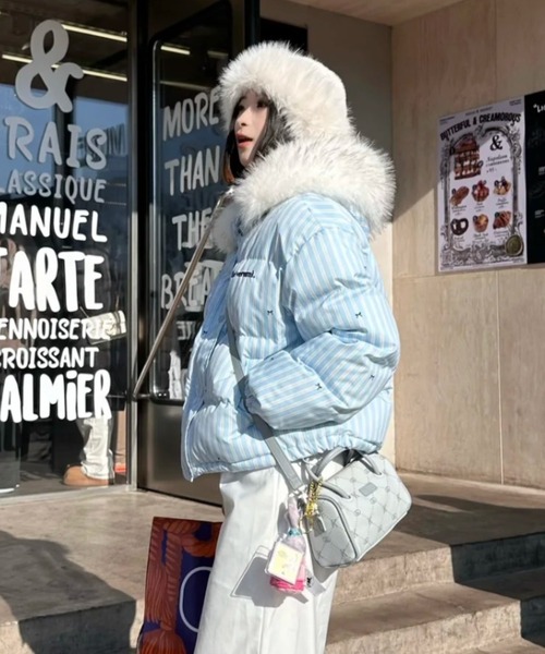 セール】ふわもこリボン柄ビッグファーダウン/Y2Kビッグファーフード