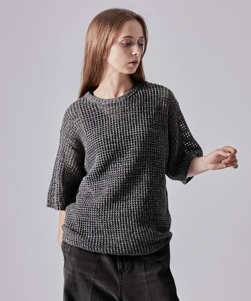 CLEL】Watermark Knitting Short Sleeve Melange Mesh Knit/透かし編み