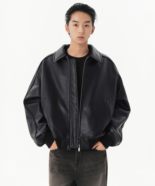 シンセティックレザーオーバーサイズカラー付きジャケット[ブラック