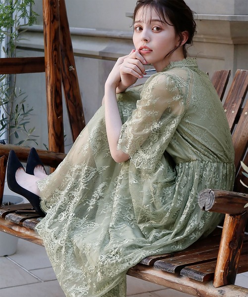 セール】ハイネック5分袖総レース フレア ロング 結婚式 ワンピース