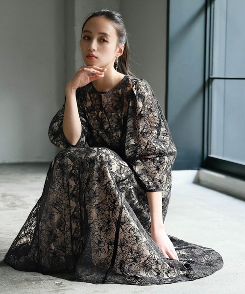 セール】[大きいサイズ（S～4L）]パフスリーブ総レース フレア ロング