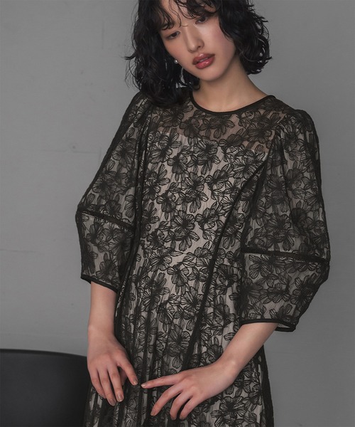 セール】[大きいサイズ（S～4L）]パフスリーブ総レース フレア ロング