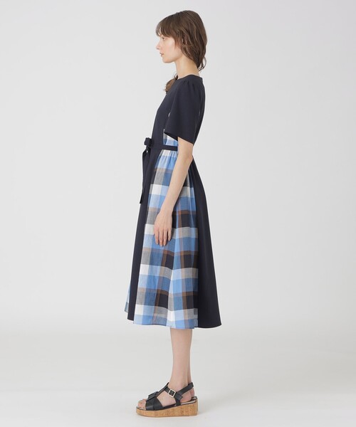 セール】ウェザーストレッチチェックコンビドレス（ワンピース）｜BLUE
