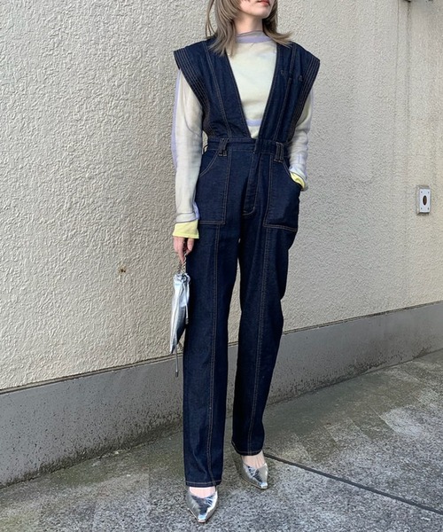 Ameri（アメリ）の「V NECK DENIM JUMPSUIT（つなぎ/オールインワン