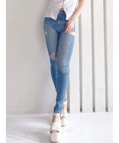 GYDA（ジェイダ）の「ミドルウエストサイドリップドスキニーデニム