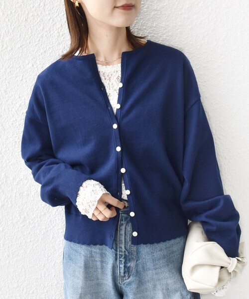 セール】〈手洗い可能〉コットン カシミヤ混 スカラップヘム