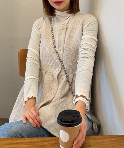 セール】パールボタンツイードペプラムトップス(サマーツイード生地