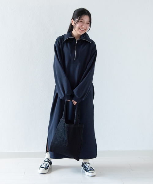セール】2wayネックハーフジップ裏起毛スウェットワンピース / ロング