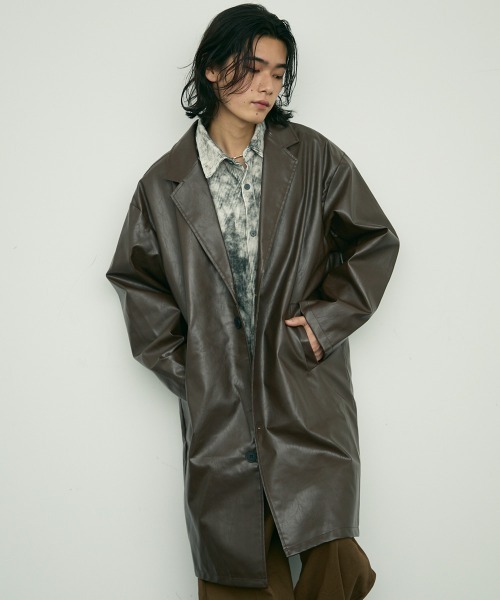 セール】Synthetic leather long chester single coat / 合成皮革