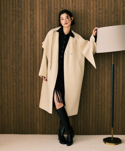 セール】SUPER110blend リバーノーカラーロングコート（ノーカラー