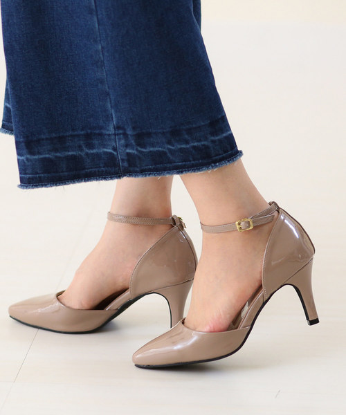 セール】ポインテッドトゥ ハイヒール アンクルストラップ エナメル