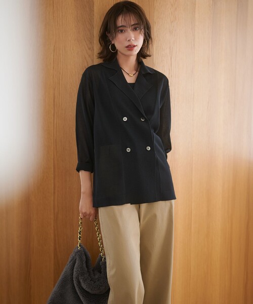 セール】【洗える】シアー ダブルブレスト ニット ジャケット