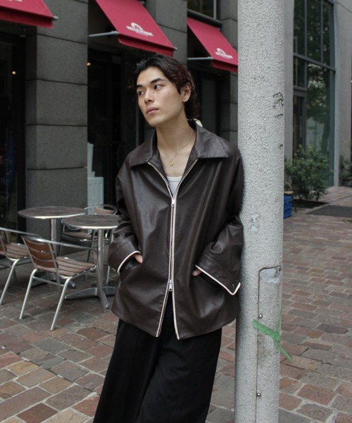 セール】double zip stitching faux leather jacket / ダブルジップ