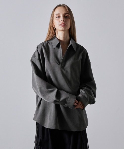 CLEL】Herringbone TR Side Lace Skipper Shirt /ヘリンボーンTRサイド