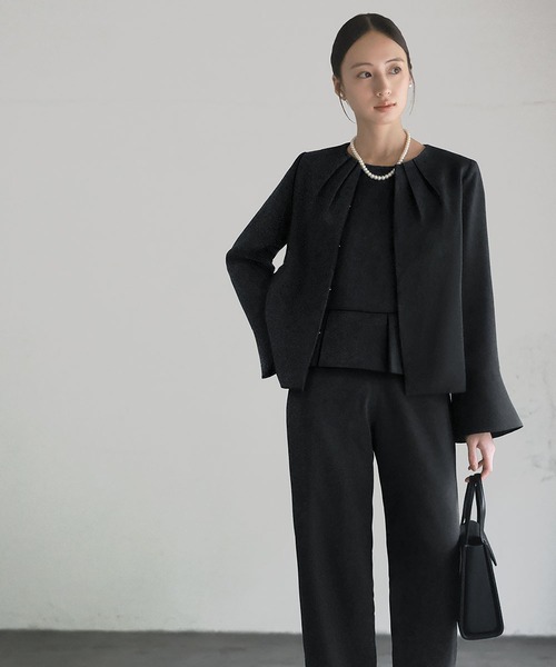 セール】【喪服 礼服】【3点セット】ノーカラージャケット ブラウス