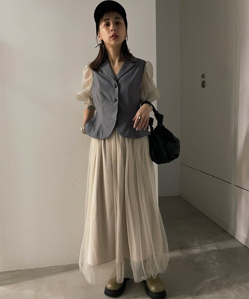 Ameri（アメリ）の「PEPLUM LINE CHIFFON SKIRT SET DRESS（ワンピース