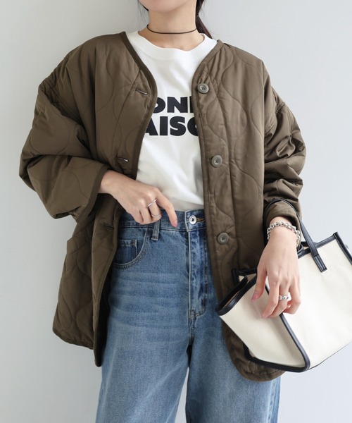 セール】オーバーサイズノーカラーキルティングジャケット（ノーカラー