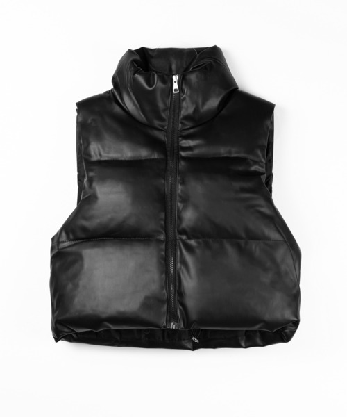 2color 】フェイクレザースタンドカラーパフダウンベスト ／ fake